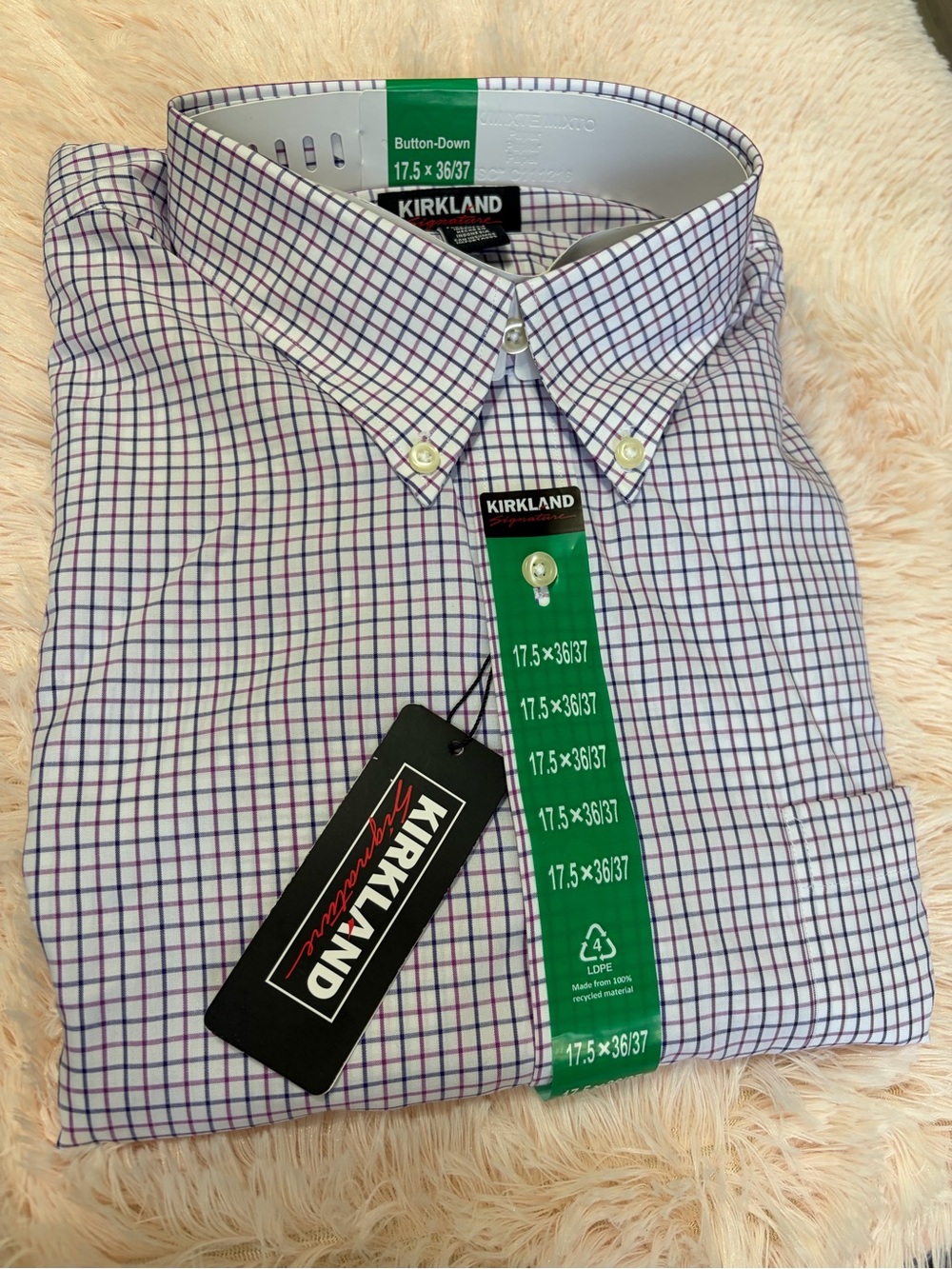 Kirkland Signature Men's Purple and White Checked Button-Down Shirt